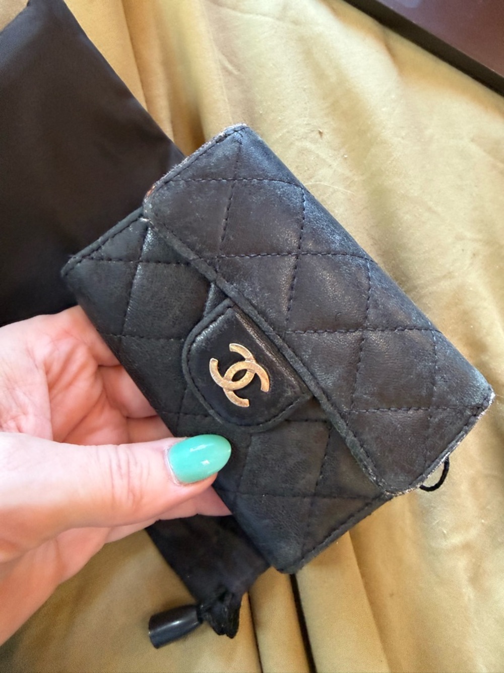 CHANEL Black Quilted Leather Coin Pouch with Gold Accent Card